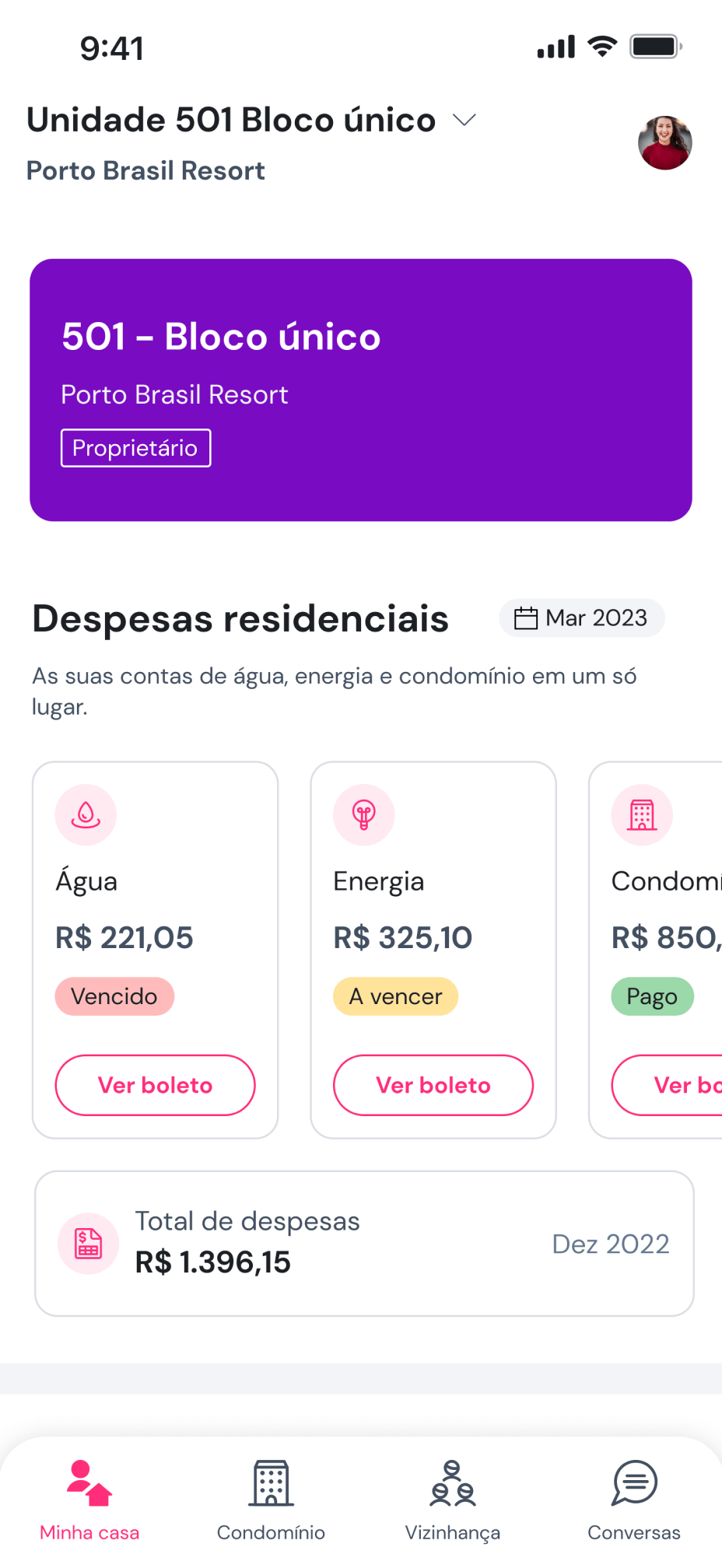 Imagem do aplicativo Gruvi mostrando as funcionalidades do menu Minha Casa, mostrando despesas residenciais e seus status.